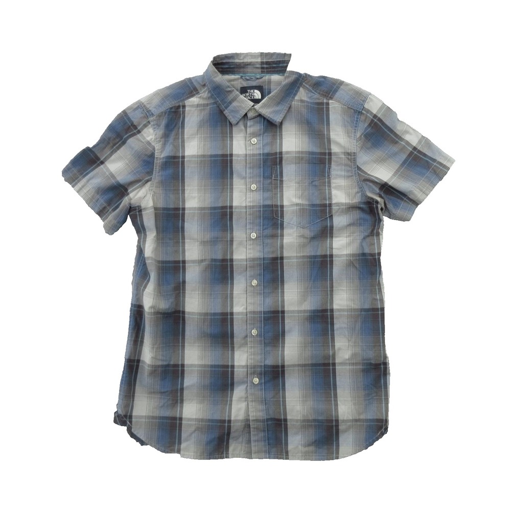 The North Face Shirt Mens Large Gray Blue Plaid Short Sleeve Button Front